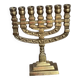 Chandelier, seven-branched menorah, in brass.