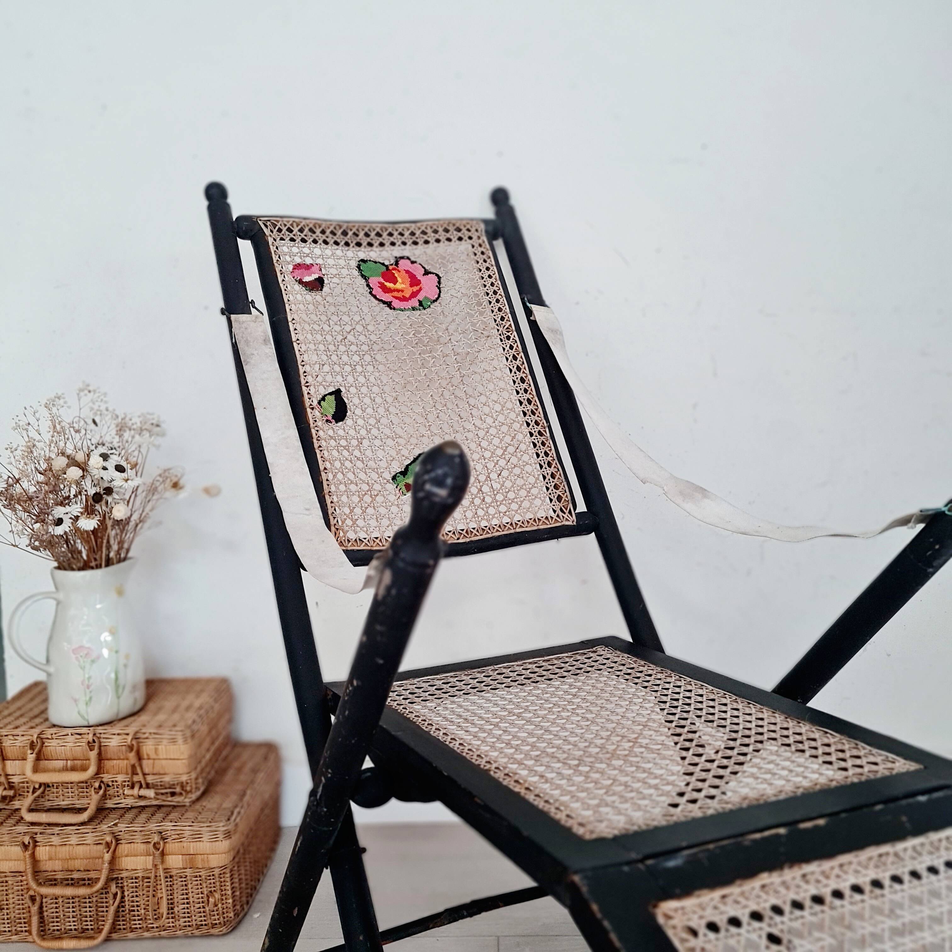 Transat ancien - chaise longue bois et cannage