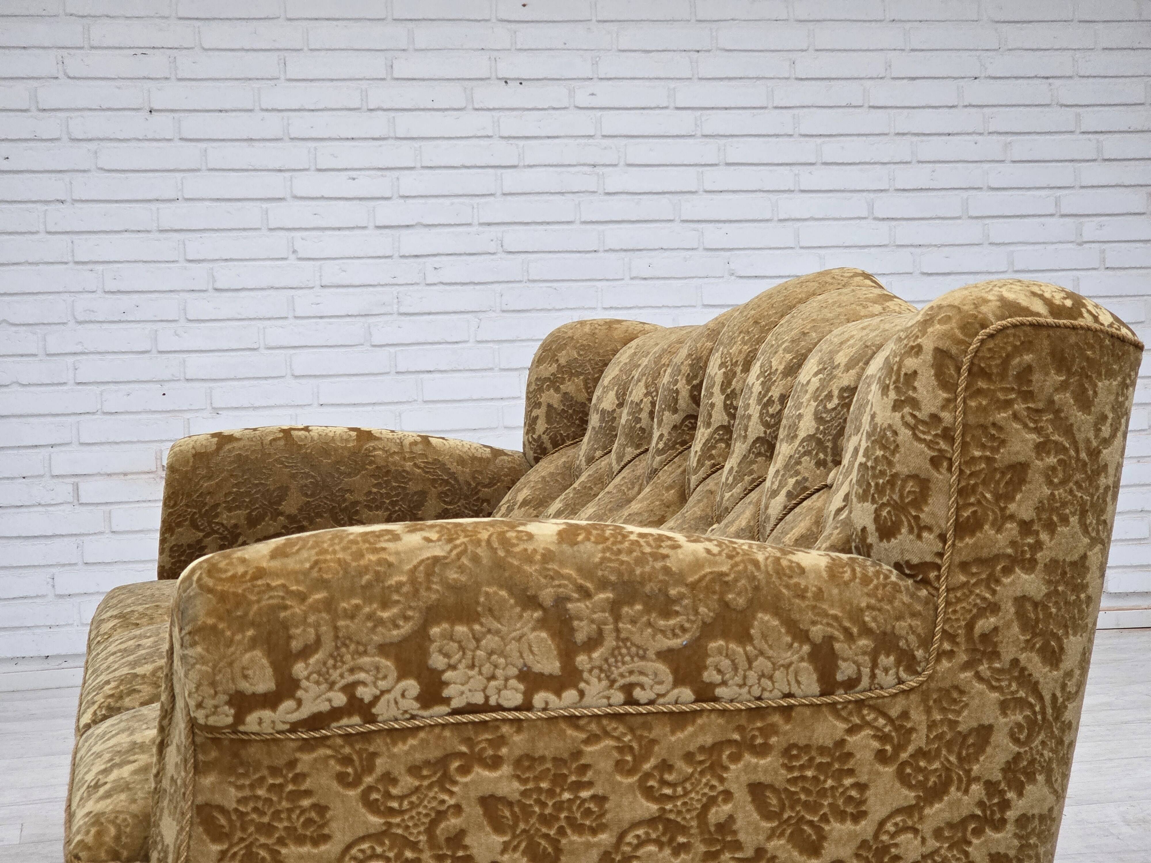 1950s, Danish 3-seater sofa, furniture velour, carved oak wood.