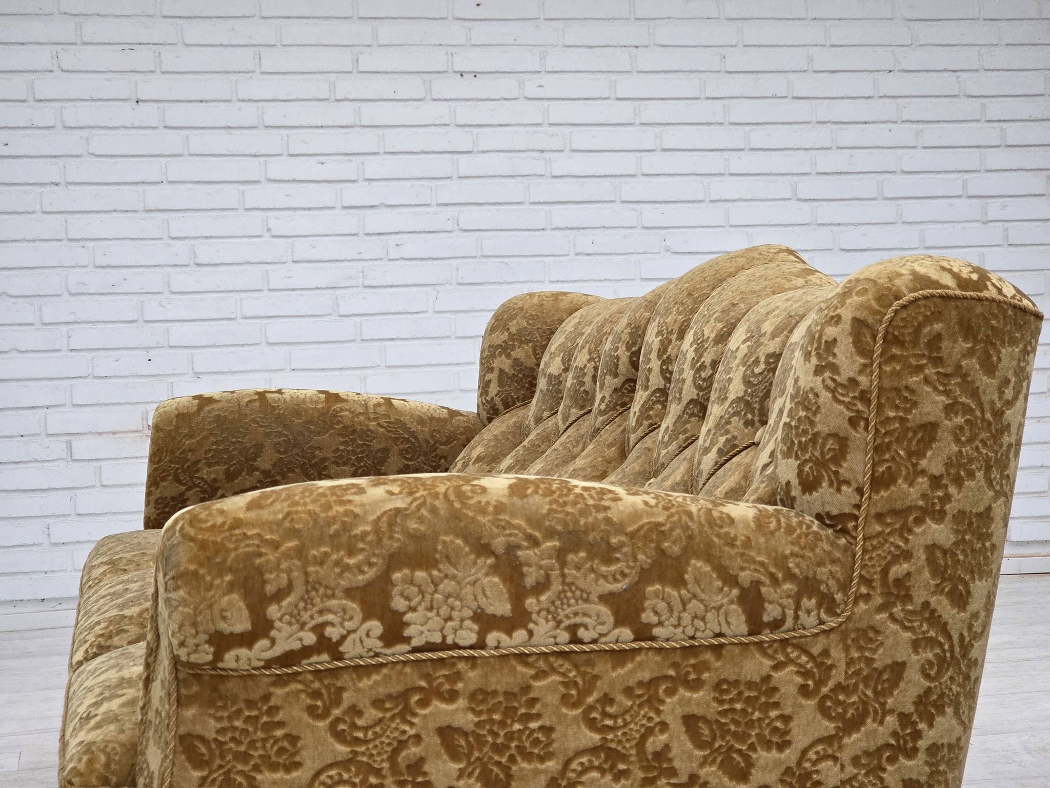1950s, Danish 3-seater sofa, furniture velour, carved oak wood.