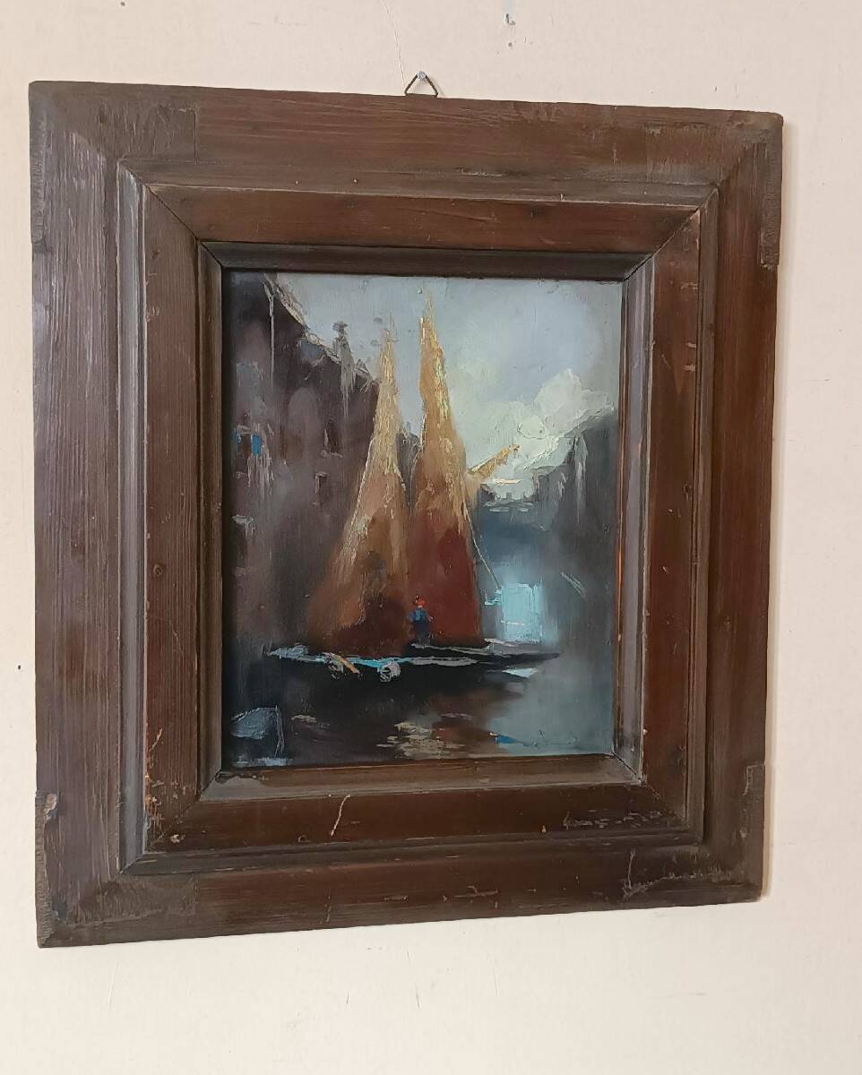 Old oil painting on panel, late 19th century - Boats - signed - Antique frame