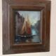 Old oil painting on panel, late 19th century - Boats - signed - Antique frame