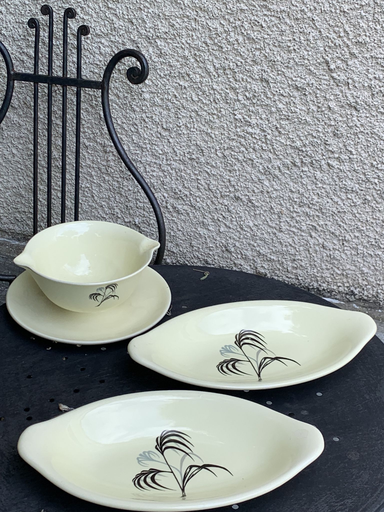 Two serving dishes and a gravy boat model las palmas in fine earthenware salins france vintage