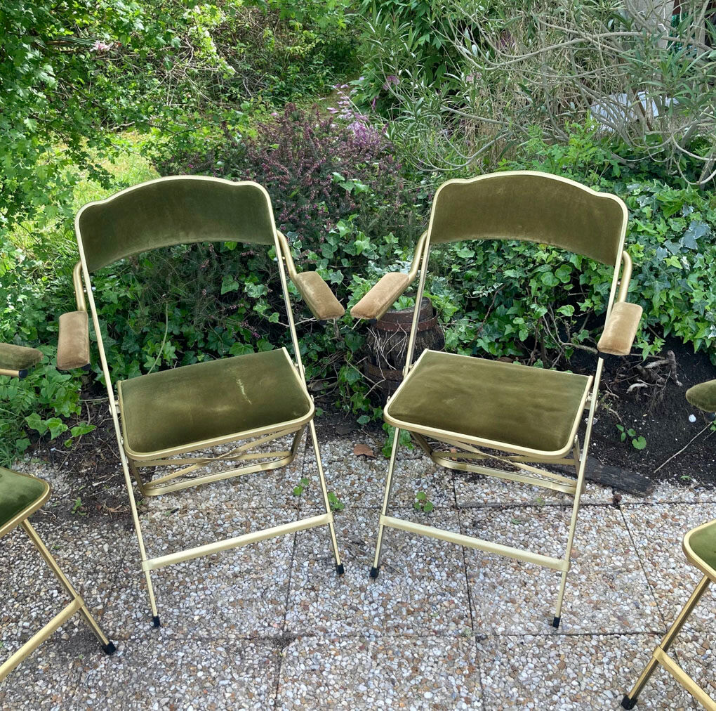 Set of 4 vintage folding armchairs in green velvet