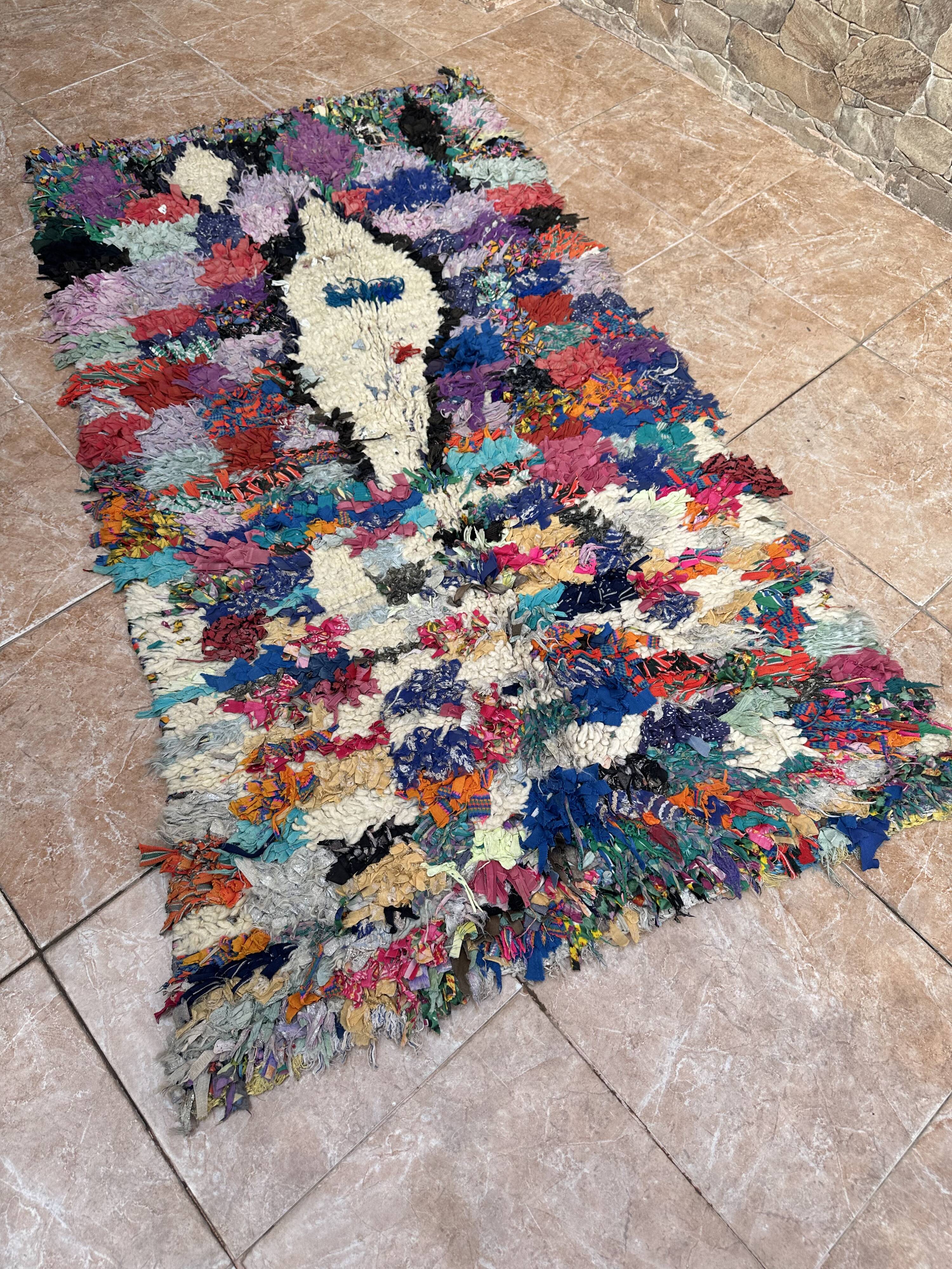 Vintage Moroccan Boucherouite rug: small abstract rug