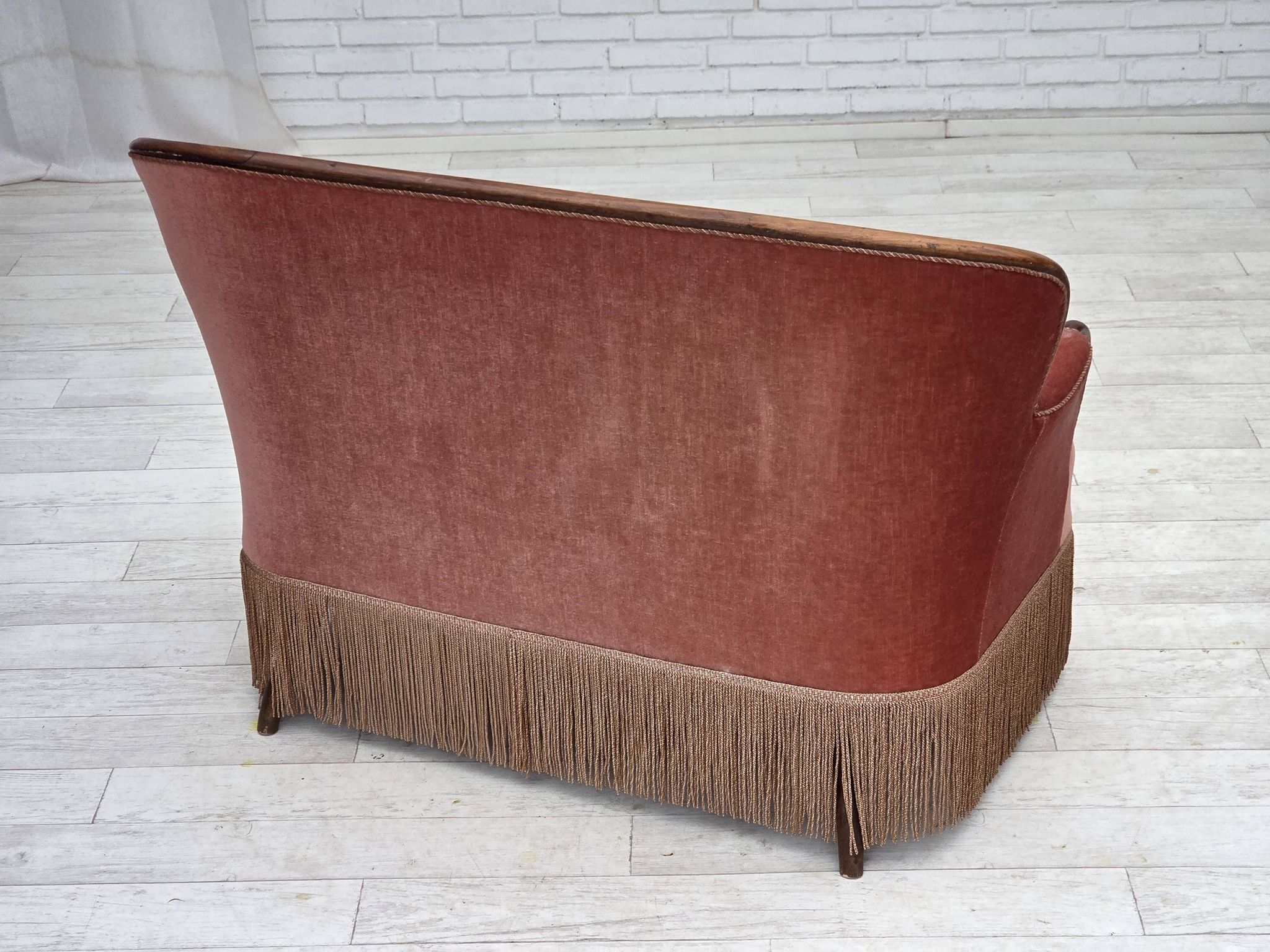 1930s, Danish 2-seater sofa, salmon pink furniture velour, ash wood.