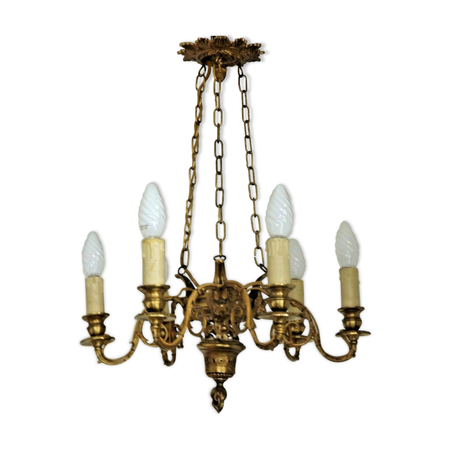 French victorian brass 6 light cherub chandelier with floral decoration
