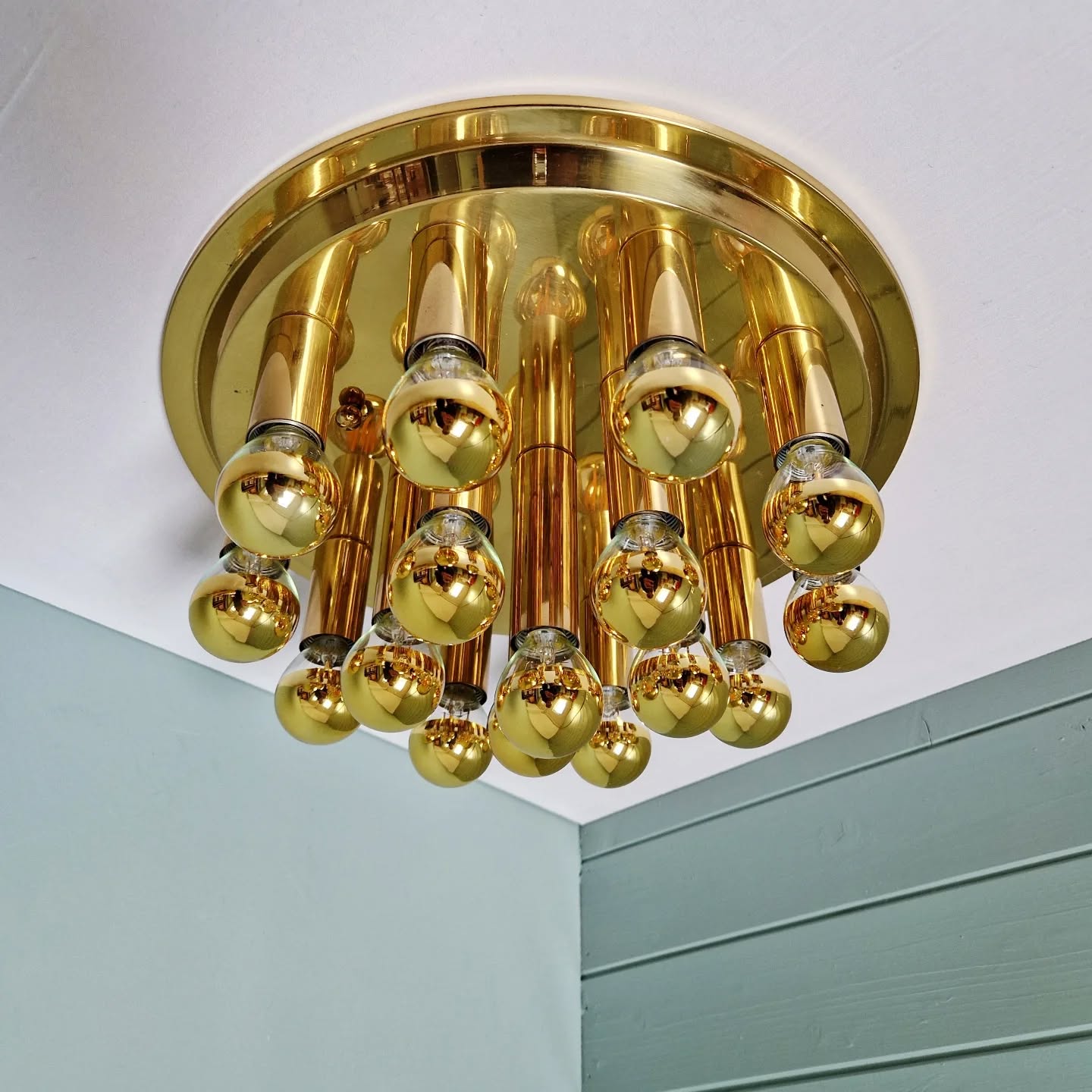 Large circular brass ceiling light, Space Age design, 1970s.