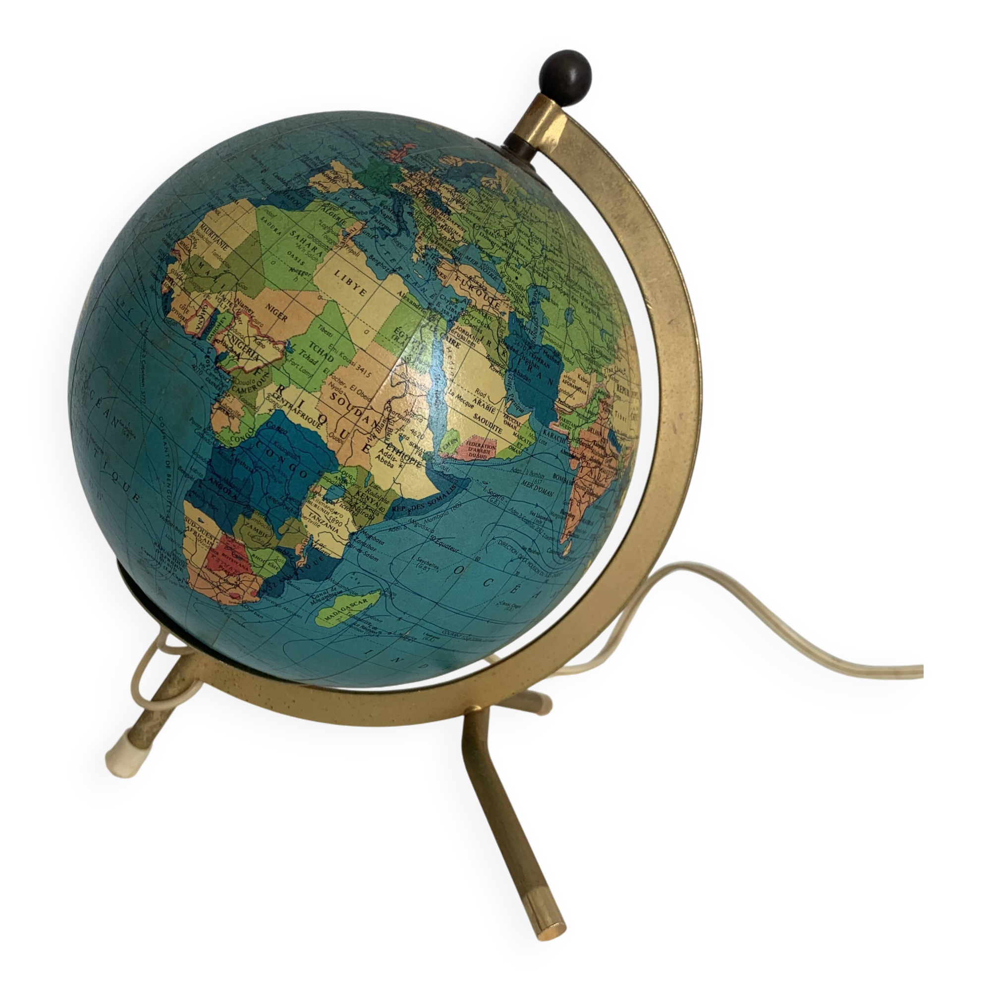 Globe terrestre tripode Taride en métal doré et verre, 1967