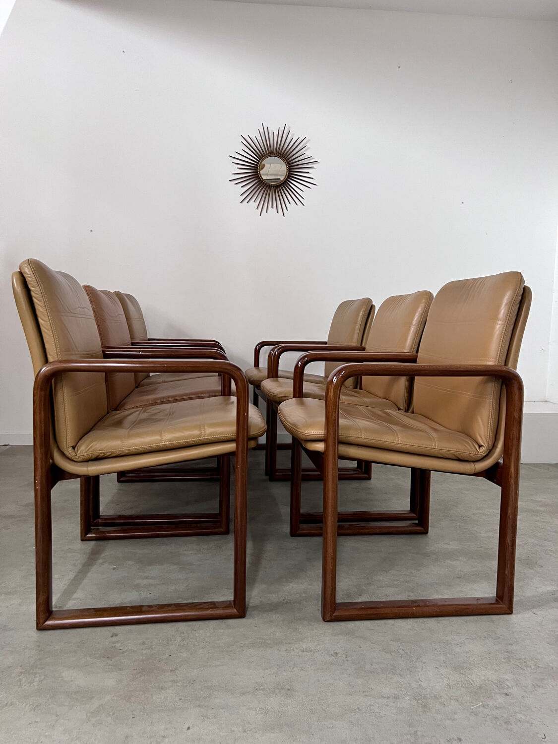 Lot 6 chairs armrests vintage 70s Scandinavian design leather and wood