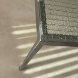 Minimalist 1960s wire glass coffee table in stainless steel.