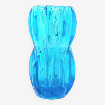 Small blue czech glass designer vase with abstract ribbed design