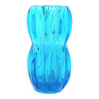 Small blue czech glass designer vase with abstract ribbed design