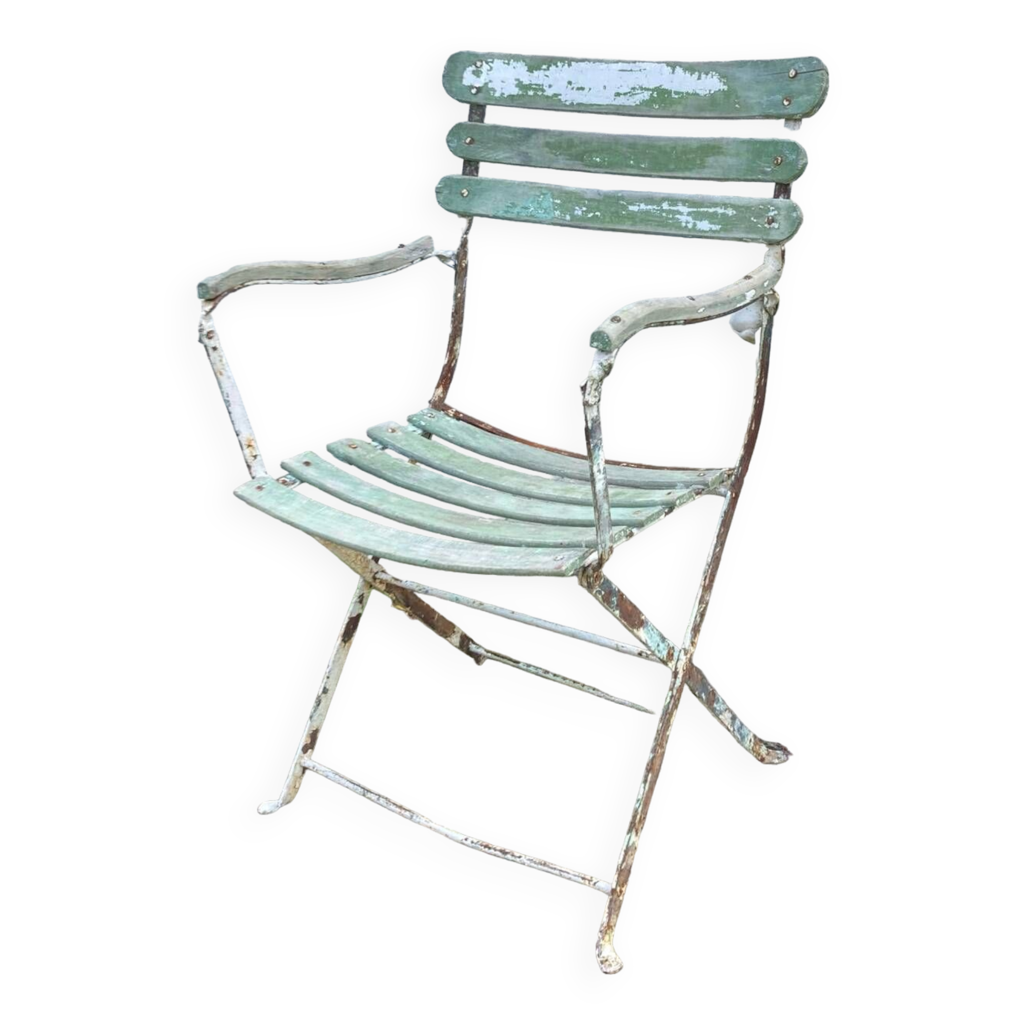 Large 19th century foldable garden armchair in wrought iron and wood