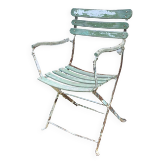 Large 19th century foldable garden armchair in wrought iron and wood