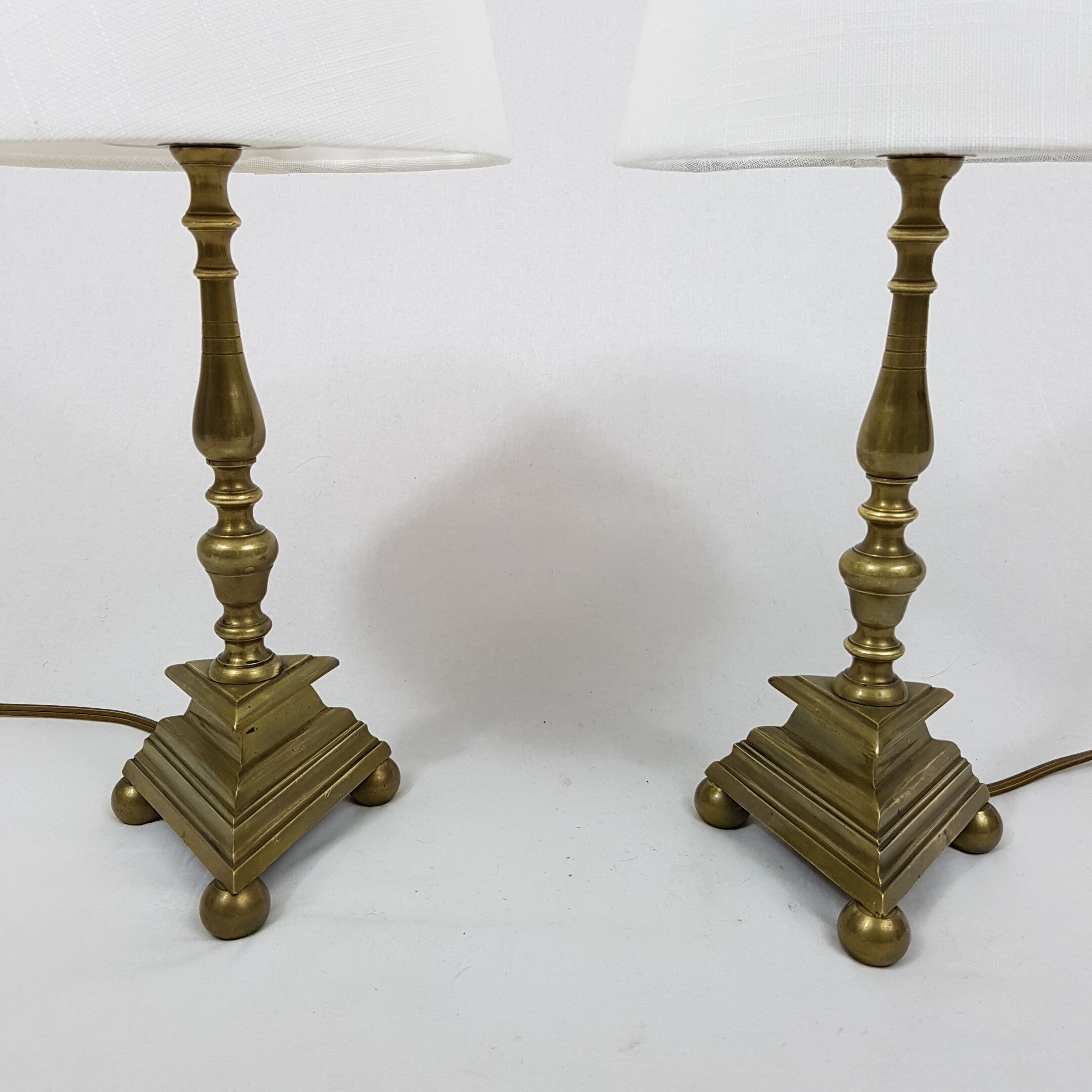 Pair of bedside brass base triangle triangular candelabra Church