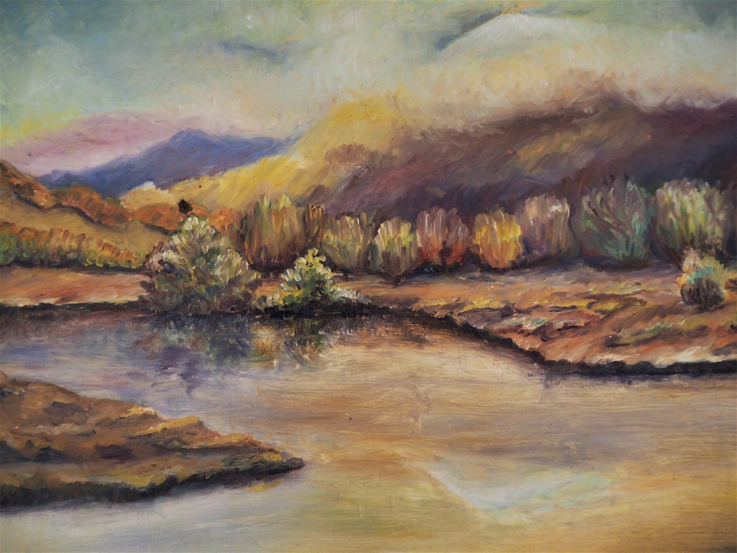 Mid-century modern landscape "reverie" vintage framed oil painting