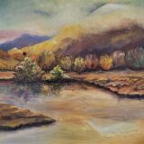 Mid-century modern landscape "reverie" vintage framed oil painting