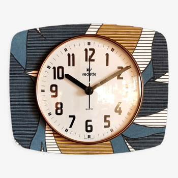 Horloge vintage pendule murale silencieuse rectangulaire "Vedette bleu blanc ocre"