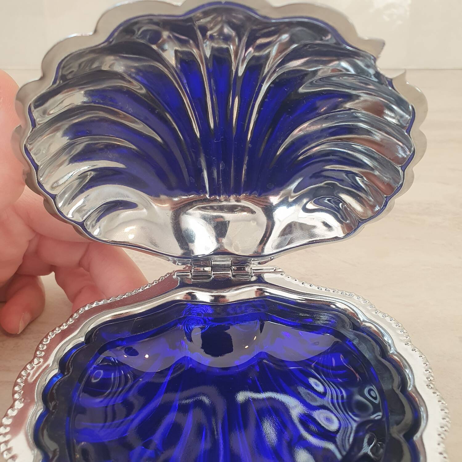 Stainless steel shell-shaped butter dish and its blue bowl