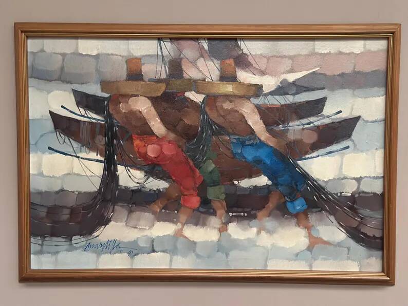 Swedish Oil on Panel"Fishermen" by Marylilla , Vintage and Framed