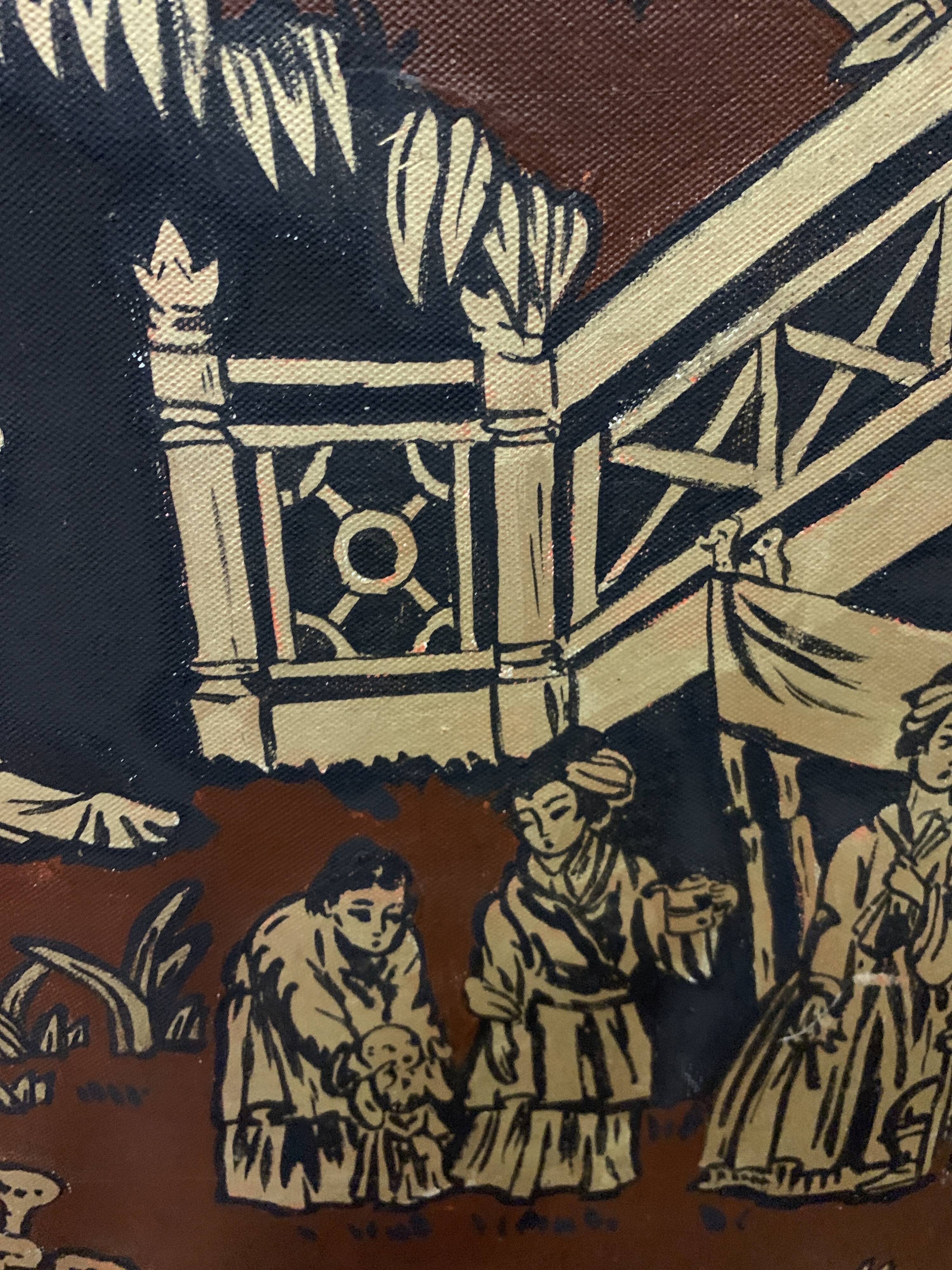 Screen with Japanese decor and black lacquer