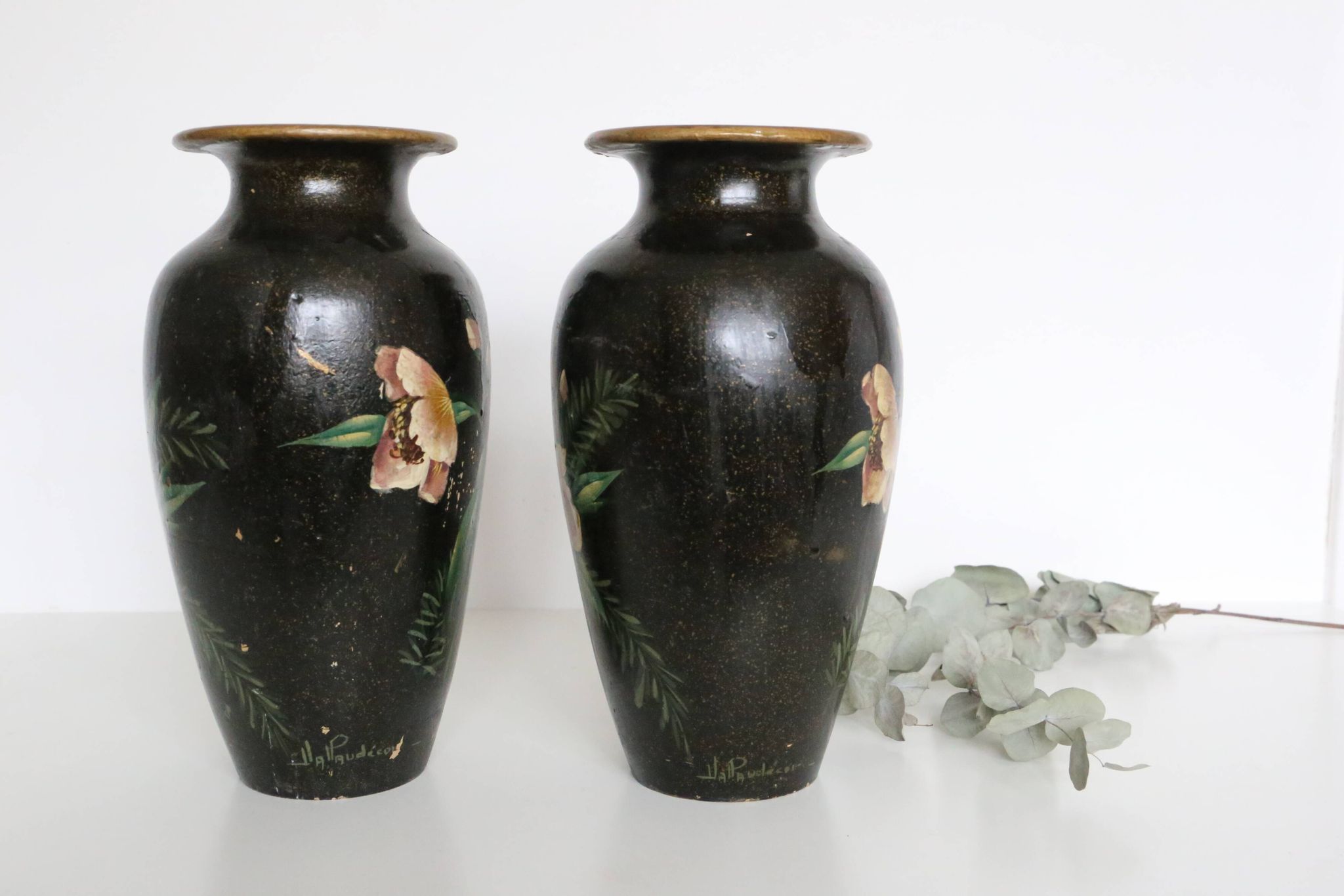 Pair of ceramic vases, hand painted