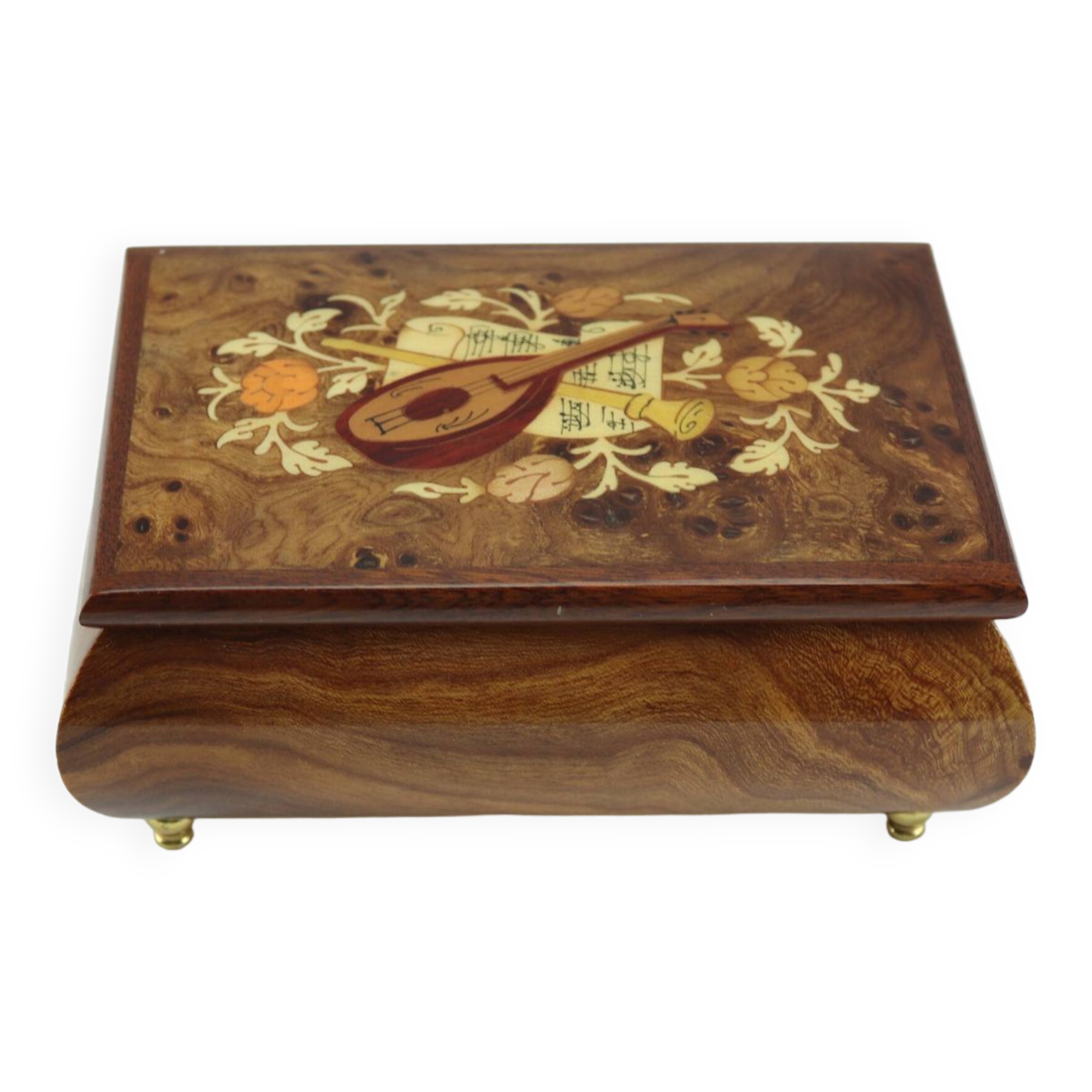 Vintage musical jewelry box in inlaid wood