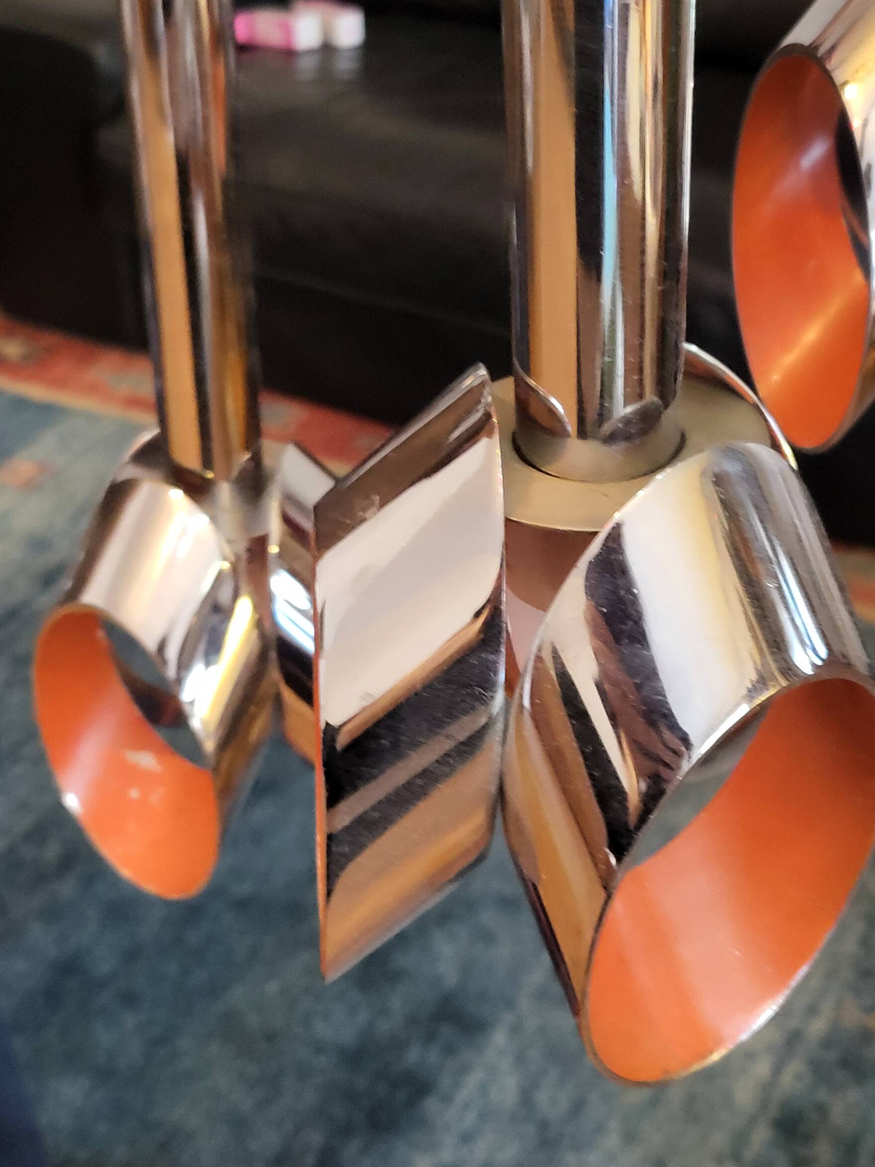 Massive Belgique three-armed waterfall pendant lamp in chrome and orange lacquer