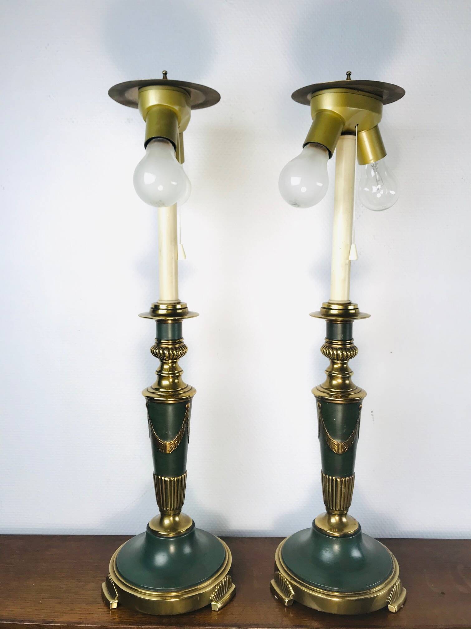 Vintage dutch brass and green table lamps from kullmann, 1970s, set of 2 table lamps. baroque