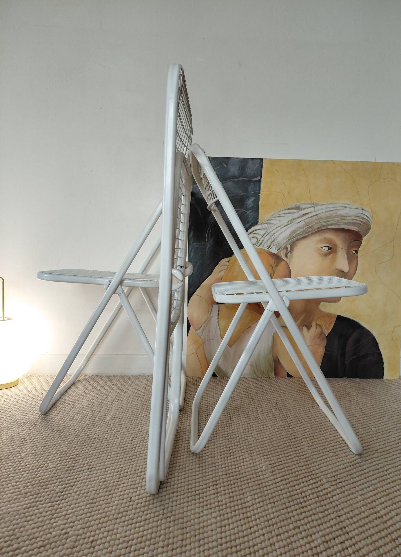 Set of 3 vintage white lacquered metal folding chairs Talin (Italy 70s)