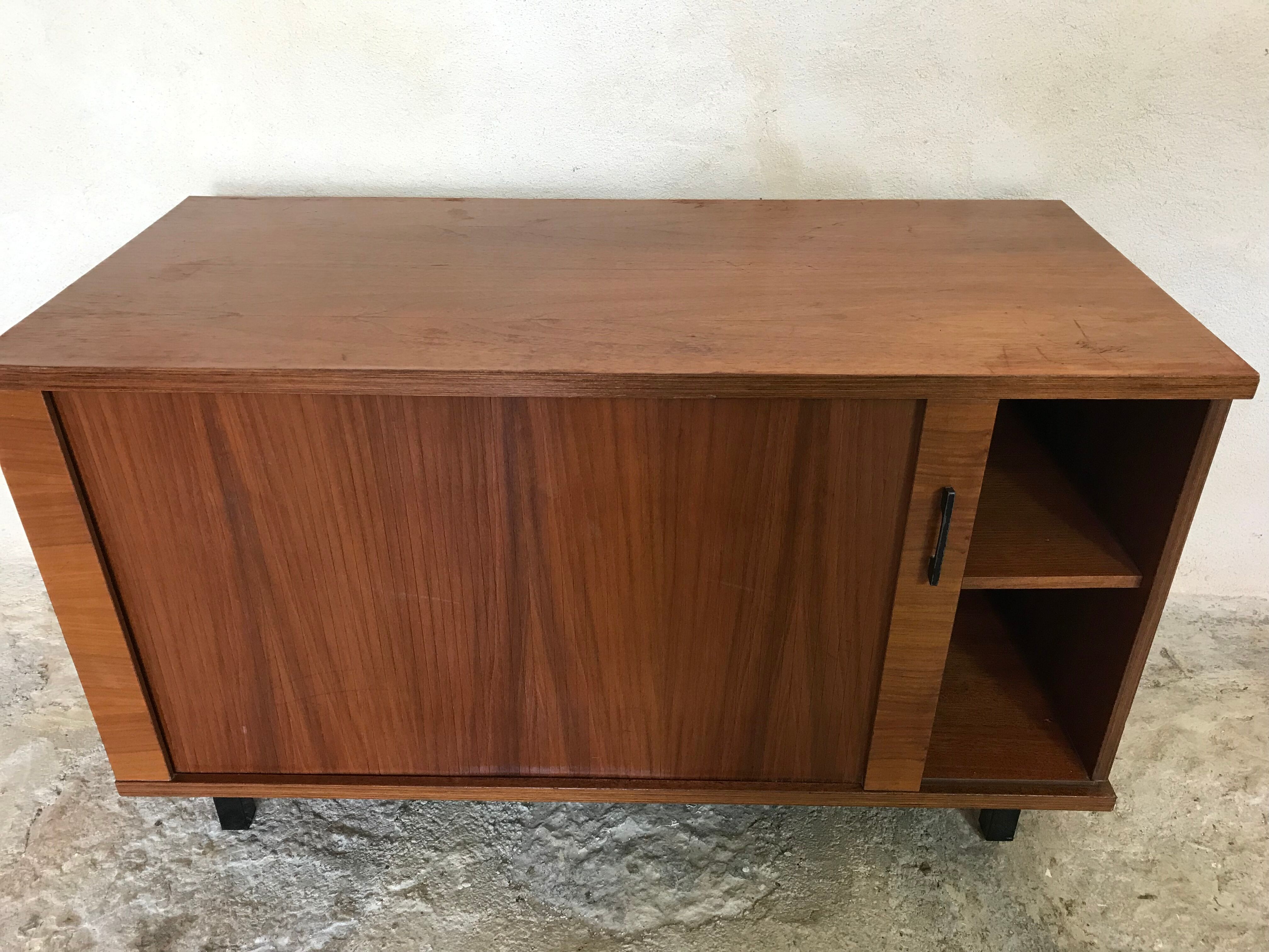 Vintage storage cabinet box on feet with sliding curtain