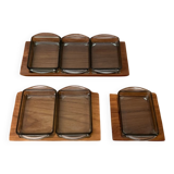 Danish mid-century teak plateau with Holmegaard glass serving trays, 1960s, set of 9.