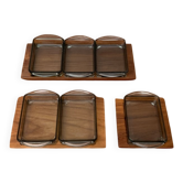 Danish mid-century teak plateau with Holmegaard glass serving trays, 1960s, set of 9.