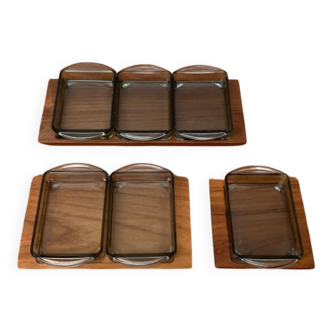Danish mid-century teak plateau with Holmegaard glass serving trays, 1960s, set of 9.