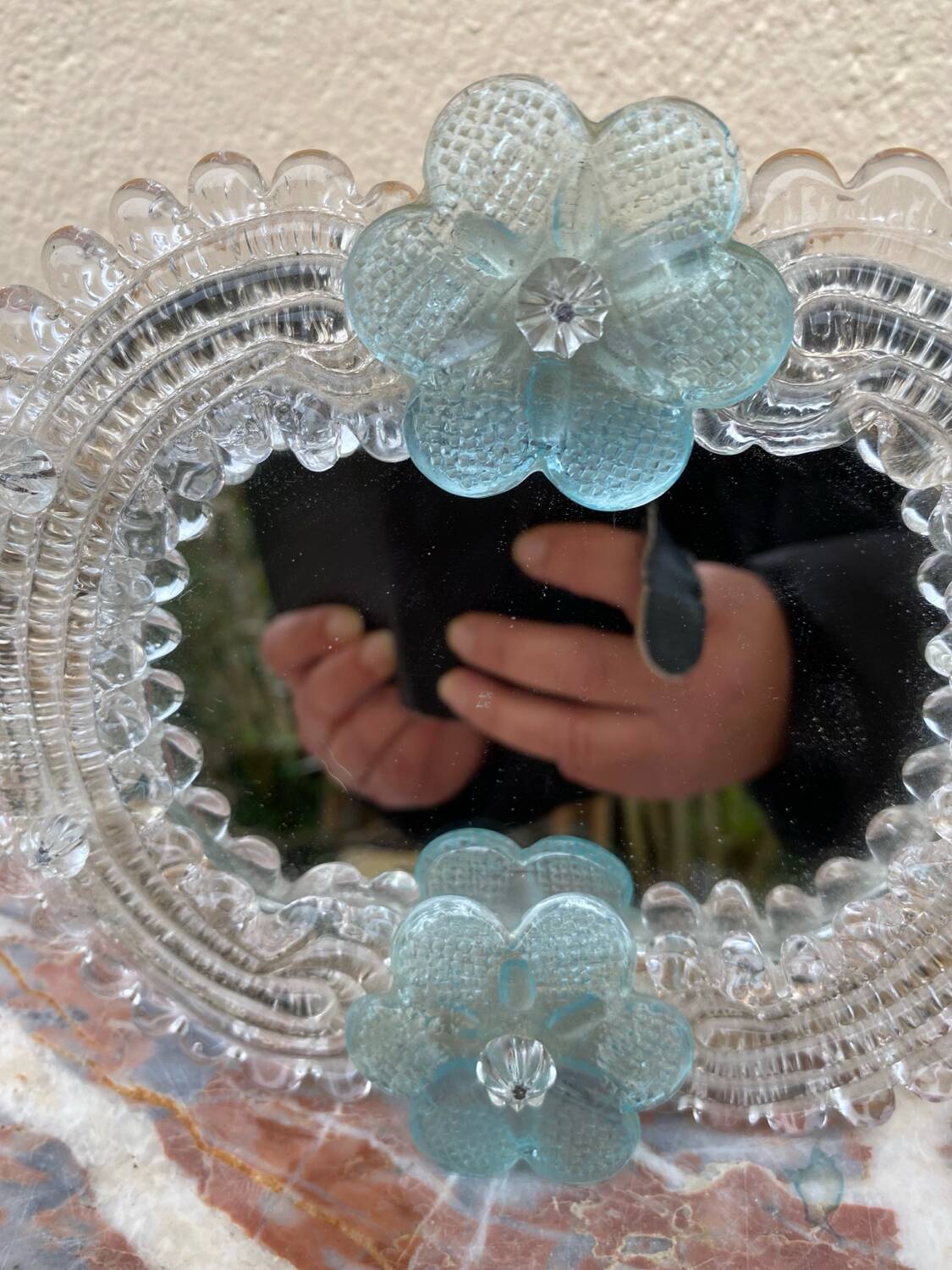 Venetian Murano mirror to stand or hang with blown flower decoration and friezes