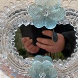 Venetian Murano mirror to stand or hang with blown flower decoration and friezes