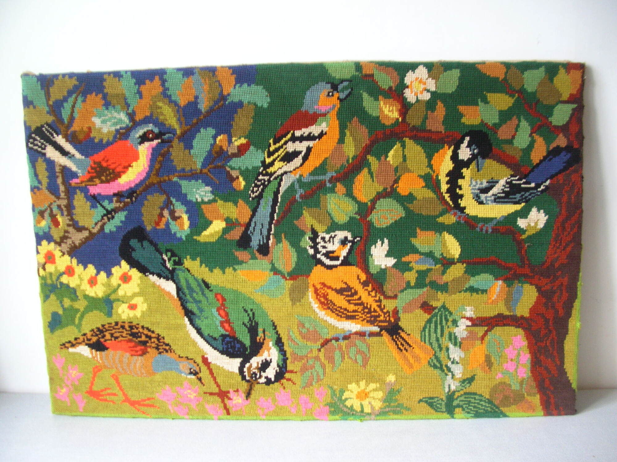 Old canvas made tapestry 1970s birds of gardens and forests 73 cm