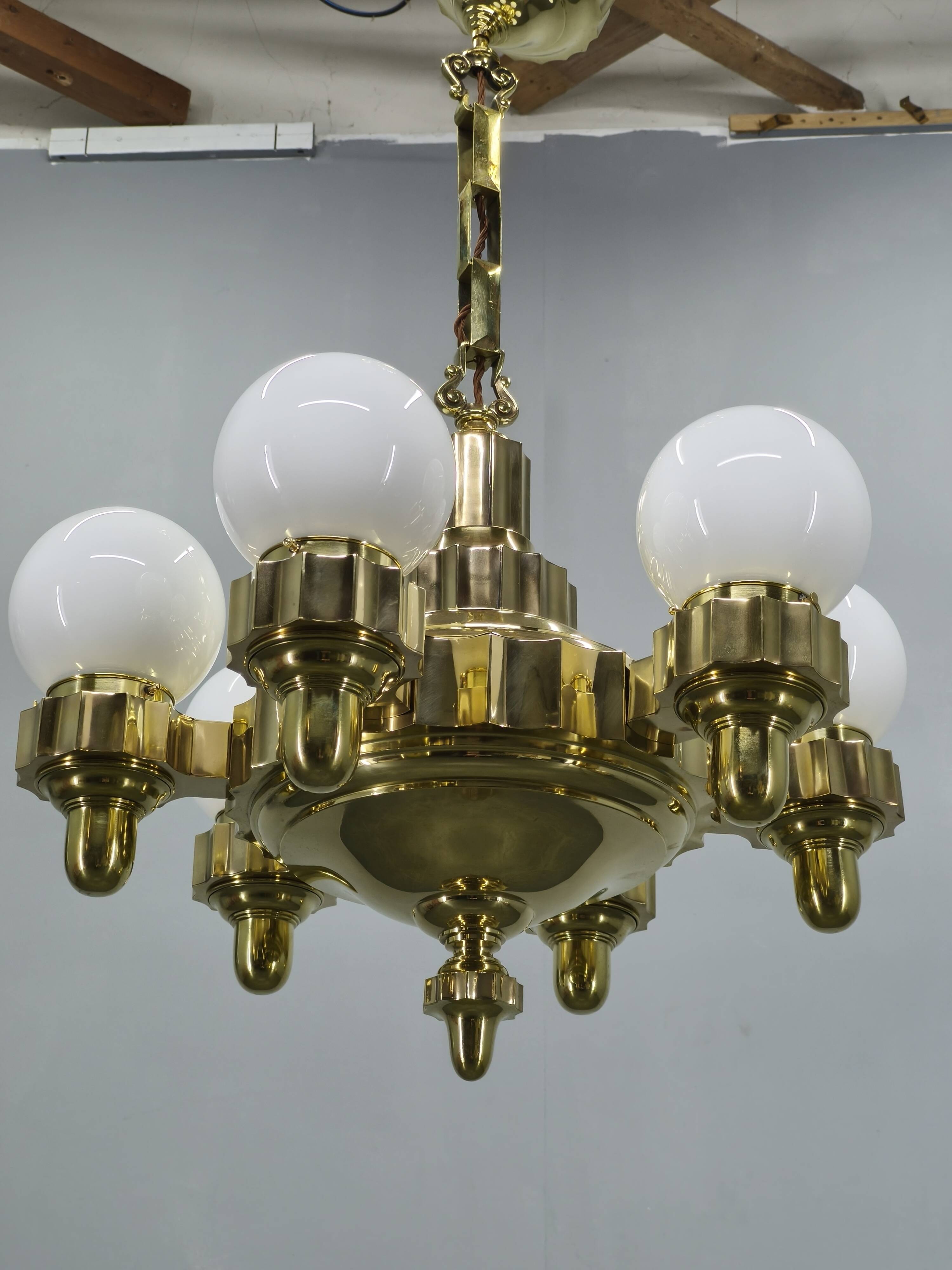Lustre en laiton Art Déco tchèque avec positions de bras doubles, années 1930