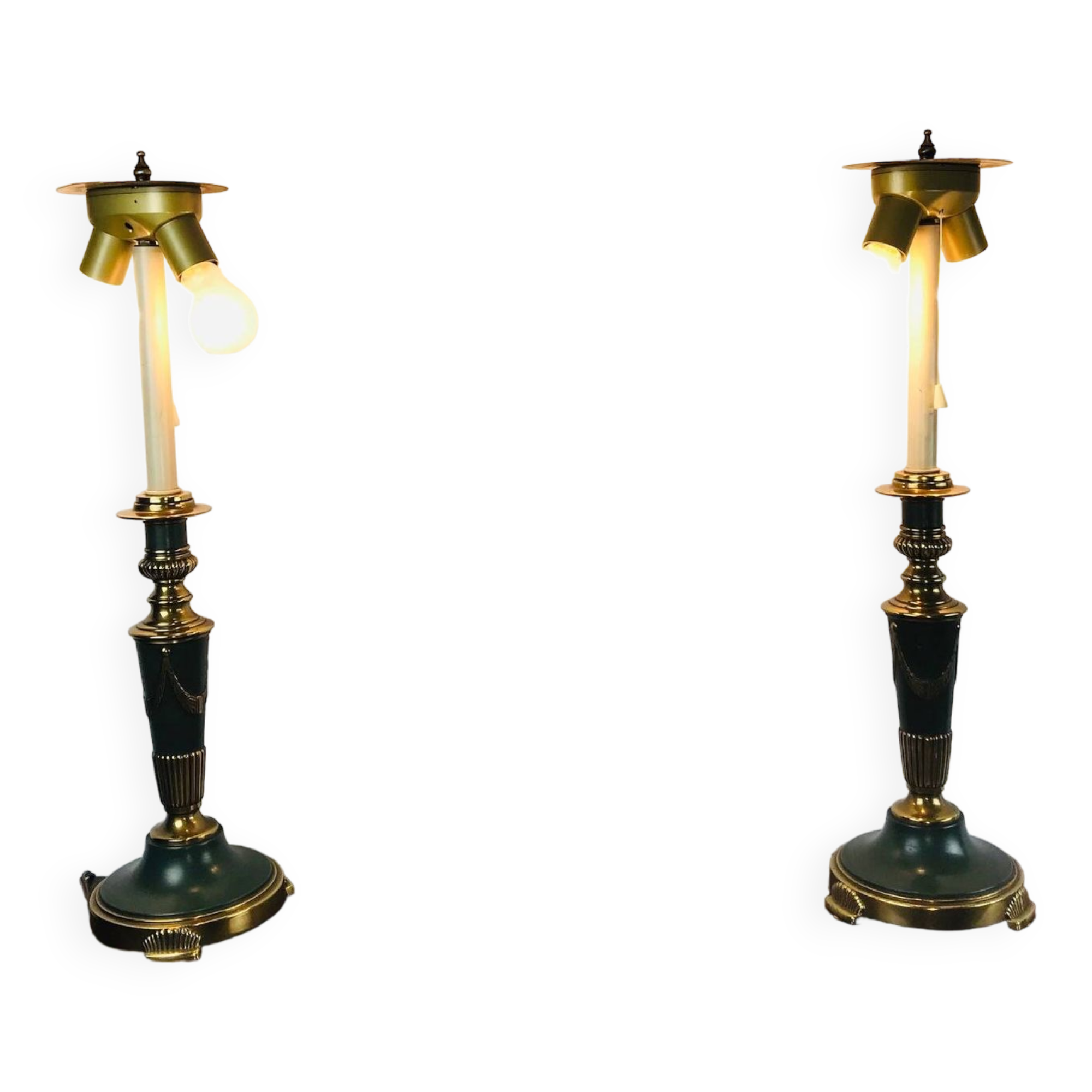 Vintage dutch brass and green table lamps from kullmann, 1970s, set of 2 table lamps. baroque