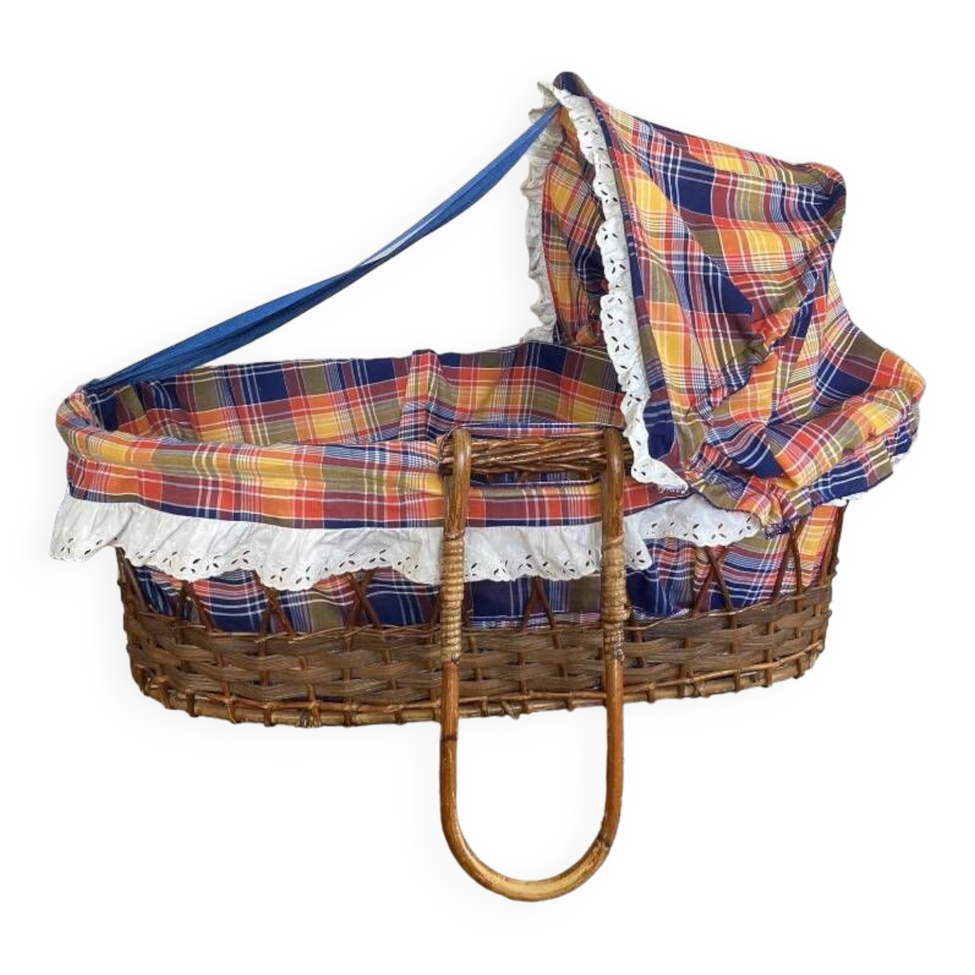 1970s wicker rattan portable bassinet cradle complete with bedding