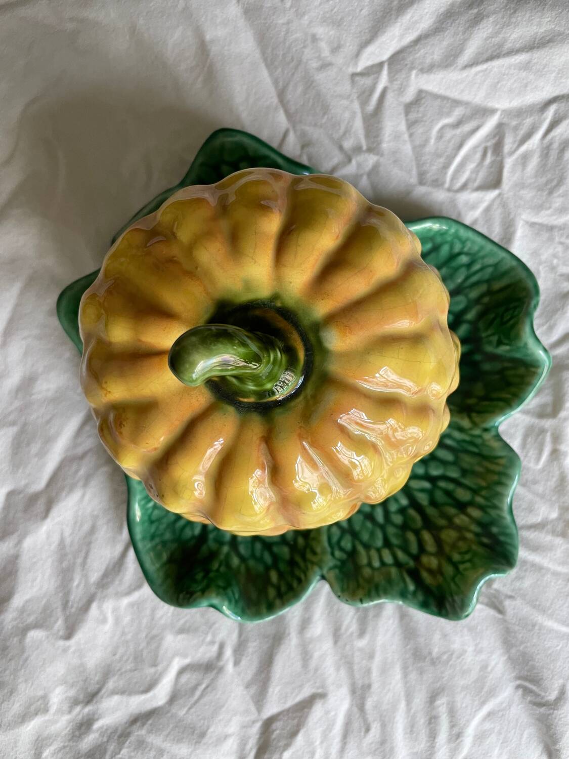 Antique majolica pumpkin jam jar