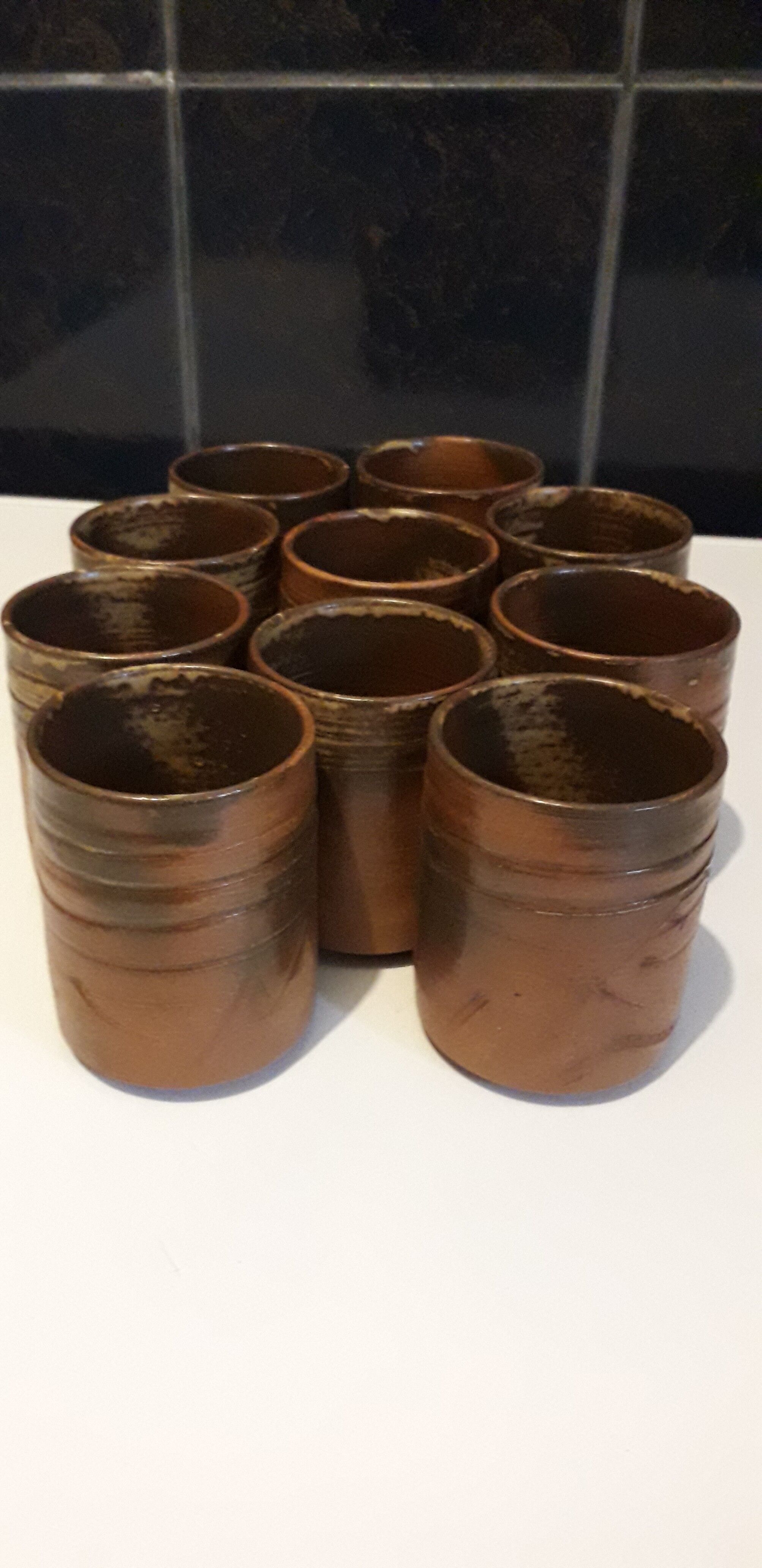 Set of 10 Japanese tea glasses in partially enamelled sandstone