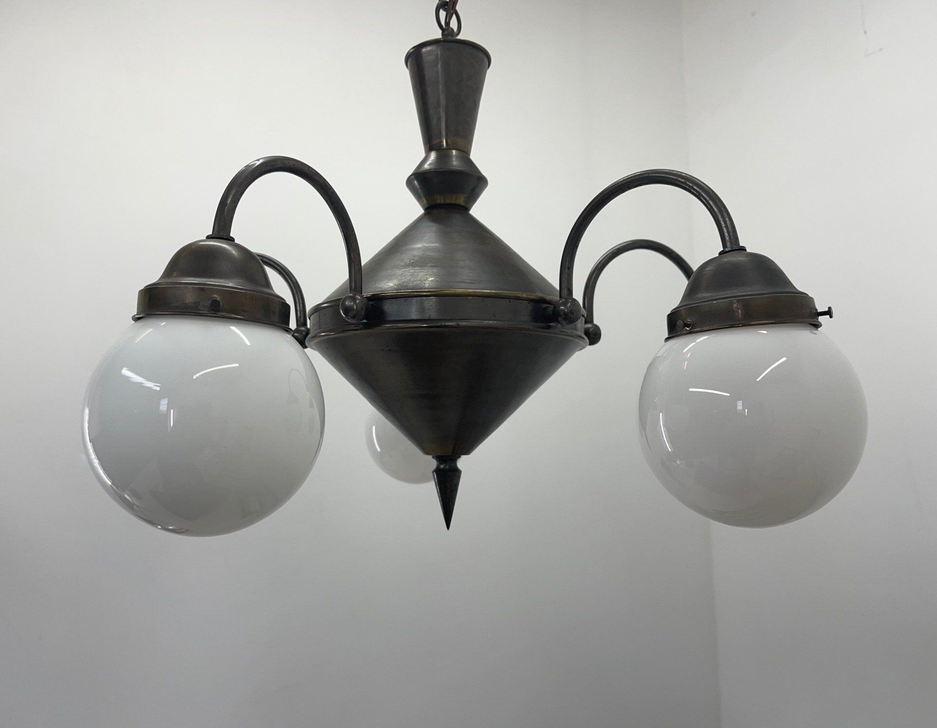 Art deco metal and milk glass chandelier, 1930's