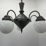 Art deco metal and milk glass chandelier, 1930's