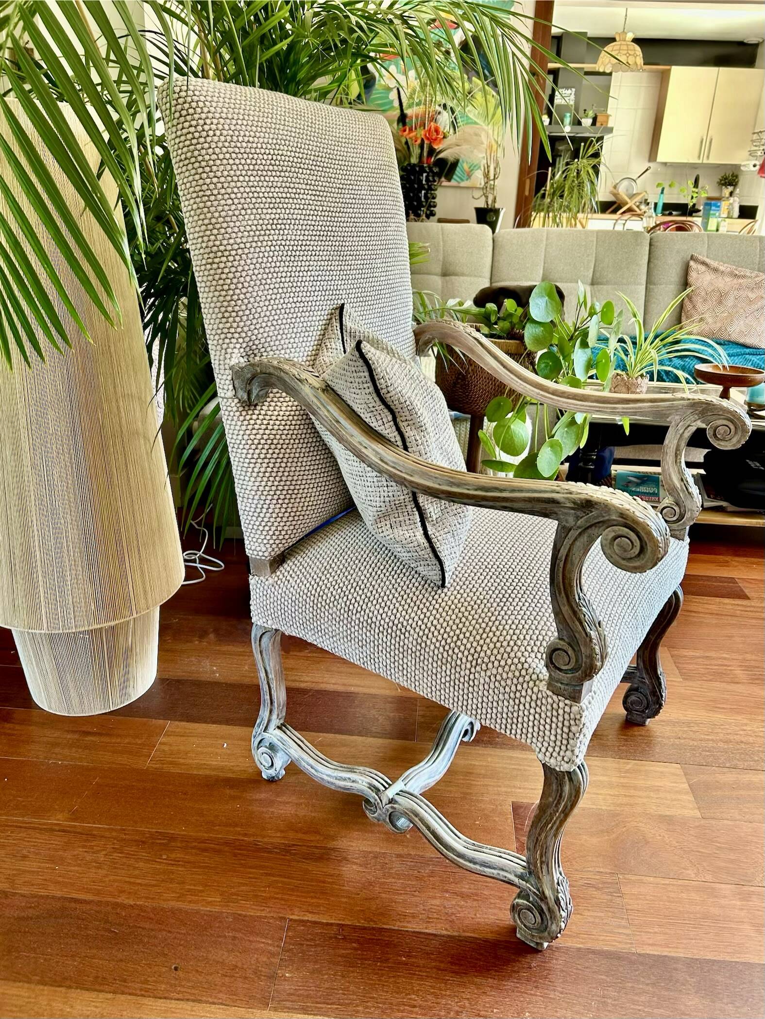 Restored Louis XIII armchair – textured beige fabric
