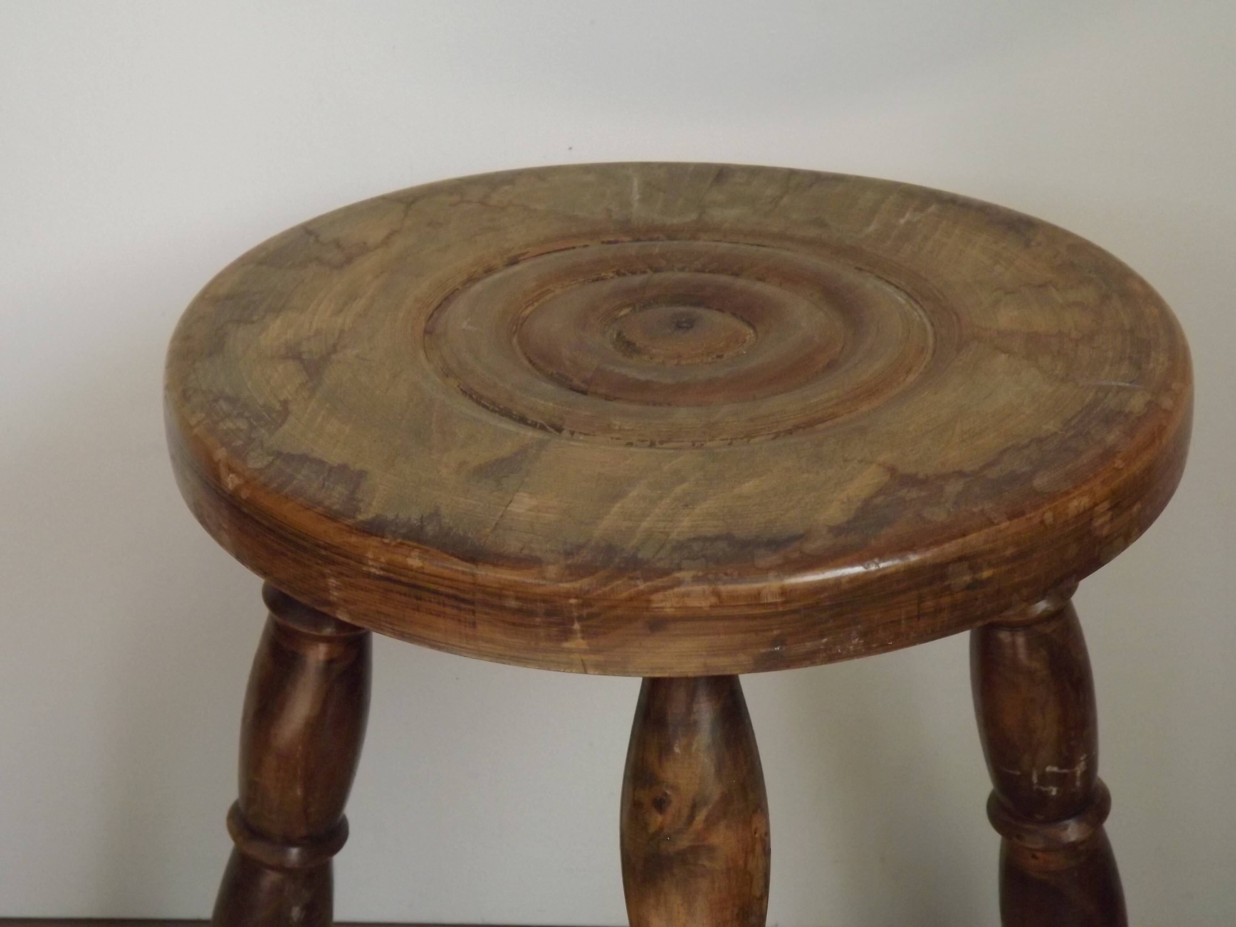 Vintage French Handmade Wooden Milk Stool with 3 Spindle Legs and Bullseye Seat 5311