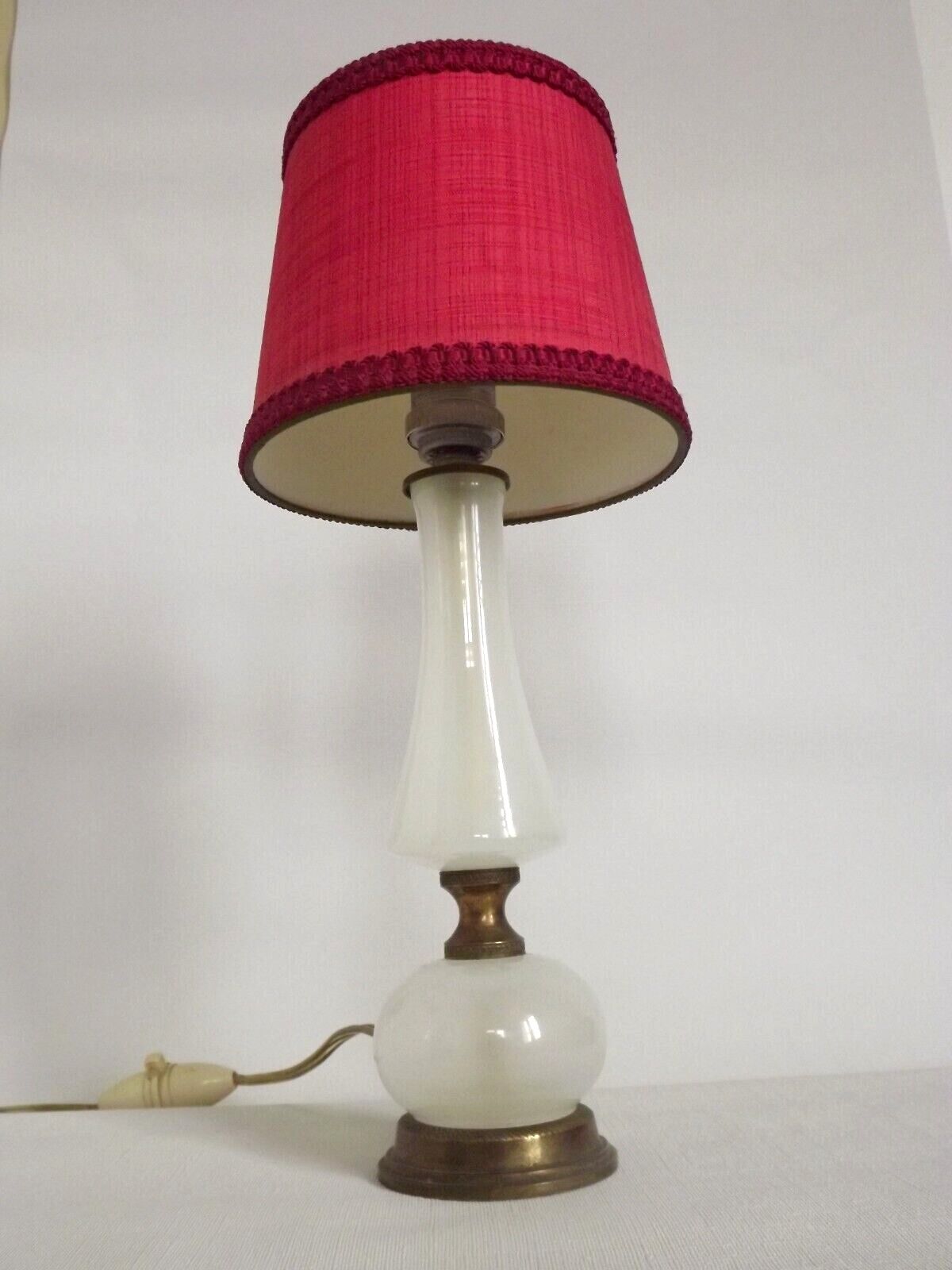 Brass & white glass table lamp red fabric shade