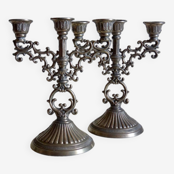 Pair of 3-flame brass candlesticks