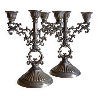 Pair of 3-flame brass candlesticks